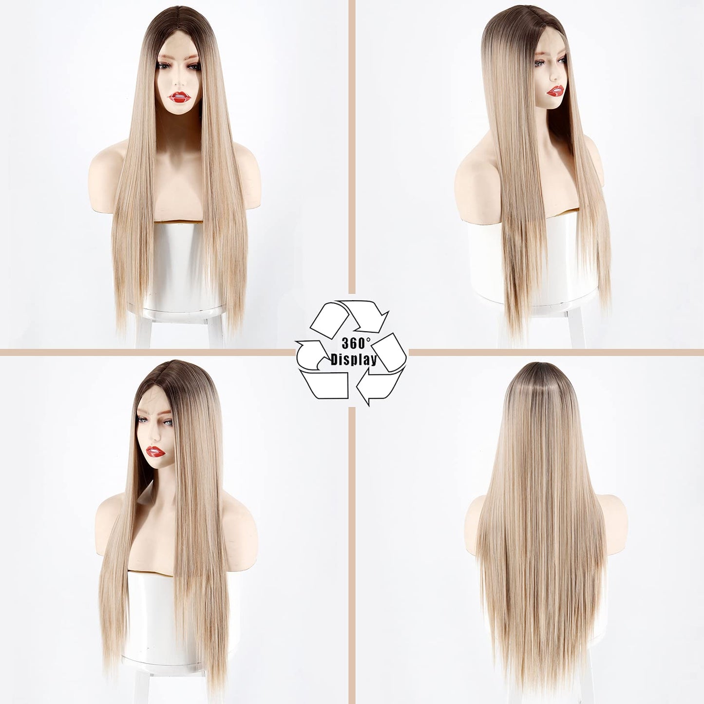 Xinran Straight Blonde Ombre Wigs for Women, Long Straight Blonde Wig Small Area Lace Front, Synthetic Ombre Blonde Wig 30 Inch for Cosplay Daily Party