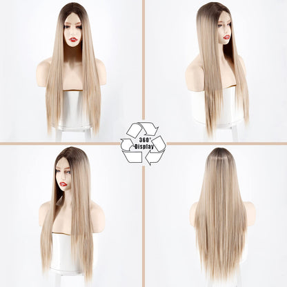Xinran Straight Blonde Ombre Wigs for Women, Long Straight Blonde Wig Small Area Lace Front, Synthetic Ombre Blonde Wig 30 Inch for Cosplay Daily Party