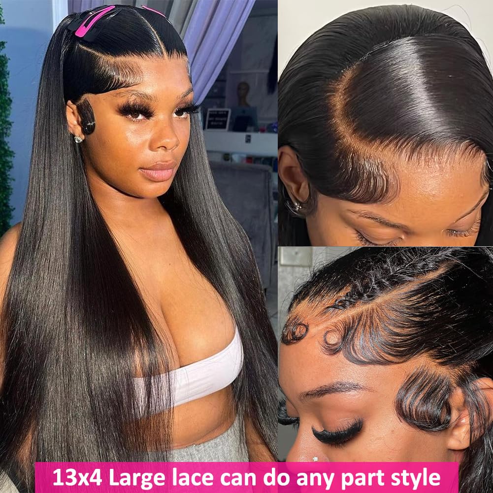 Hermosa 13x4 Straight Human Hair Lace Front Wigs for Black Women 26 inch 180 Density HD Lace Front Wig Human Hair Pre Plucked with Baby Hair Natural Hairline Black Color