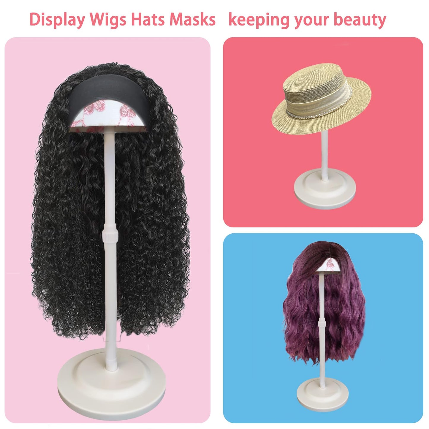Wig Stand White 1PC Adjustable Height Portable Wig Holder Stands Non-Slip Wig Head Holders Sturdy Plastic Wig Head Stand for Multiple Wigs and Hats Styling Drying Display