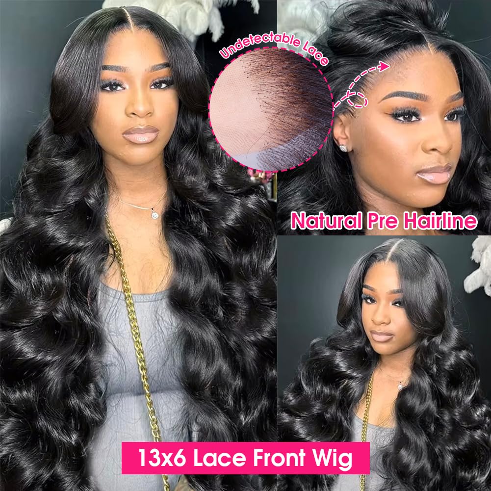 Wingirl 13x6 Body Wave Lace Front Wigs Human Hair Pre Plucked 180 Density HD Transparent Full Lace Frontal Wigs Human Hair for Women with Baby Hair Natural Black Color 18Inch