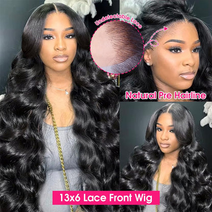 Wingirl 13x6 Body Wave Lace Front Wigs Human Hair Pre Plucked 180 Density HD Transparent Full Lace Frontal Wigs Human Hair for Women with Baby Hair Natural Black Color 22Inch