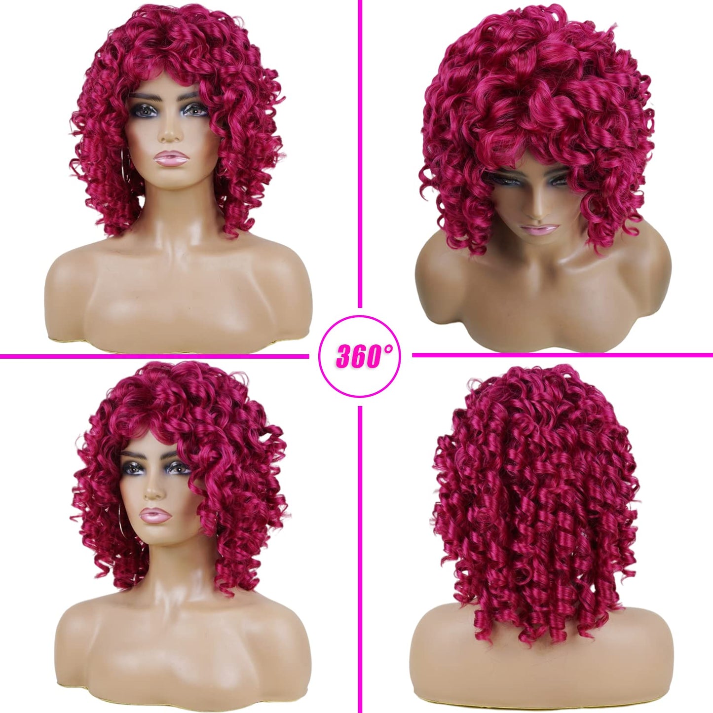 andromeda Hot Pink Wigs for Black Women Soft Short Curly Wig with Bangs Heat Resistant Synthetic Fiber Hair Wigs for African American Black Women（Hot Pink）