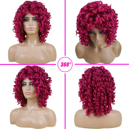 andromeda Hot Pink Wigs for Black Women Soft Short Curly Wig with Bangs Heat Resistant Synthetic Fiber Hair Wigs for African American Black Women（Hot Pink）