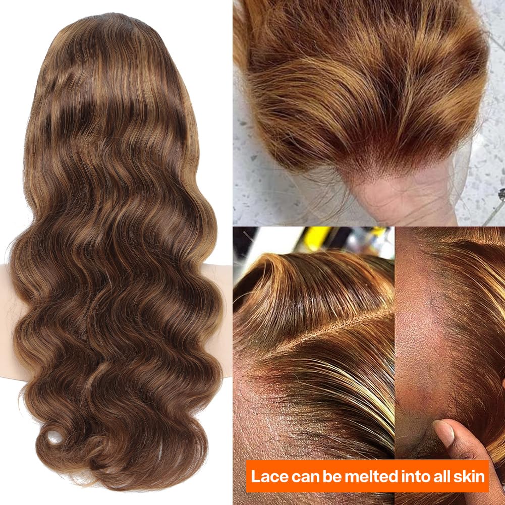 Yamikk 4/27 Highlight Honey Blonde Lace Front Wigs Human Hair Pre Plucked 180 Density 13x5 Ombre Colored Body Wave Hd Lace Frontal Human Hair Wig 22 Inch