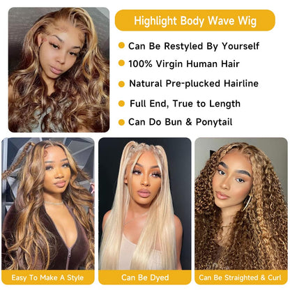 Loyom Highlight Ombre Lace Front Wig Human Hair Pre Plucked 13x4 HD Transparent Body Wave Lace Front Wigs Human Hair with Baby Hair 200 Density 4/27 Honey Blonde Lace Front Wig Human Hair 22 Inch