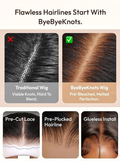 UNICE Bye Bye Knots Glueless 7X5 Pre Cut Lace Front Wig Yaki Wavy Flip Out Bang Curl Wig Put on and Go Human Hair Wigs Pre Plucked Bleached Knots Natural Hairline 150% Density 22 Inch