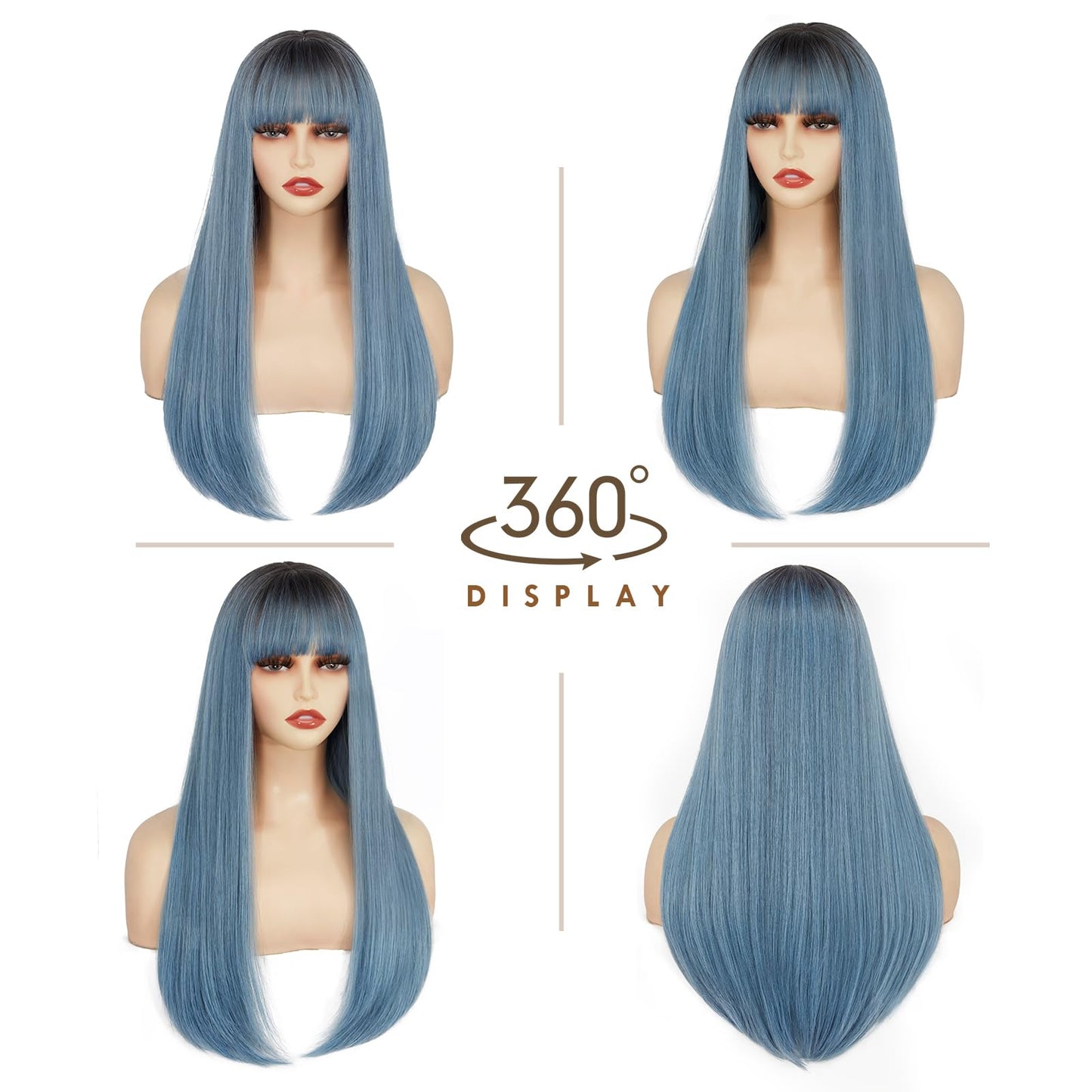 ENTRANCED STYLES Ombre Blue Wig with Bangs Long Straight Mixed Blue Wigs for Women Cosplay Wigs for Girls Natural Hairline Heat Resistant Synthetic Wig for Cosplay Halloween Party Daily