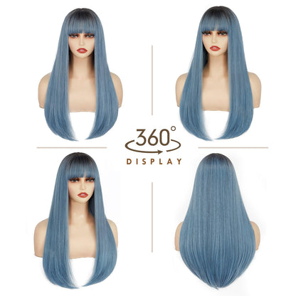 ENTRANCED STYLES Ombre Blue Wig with Bangs Long Straight Mixed Blue Wigs for Women Cosplay Wigs for Girls Natural Hairline Heat Resistant Synthetic Wig for Cosplay Halloween Party Daily