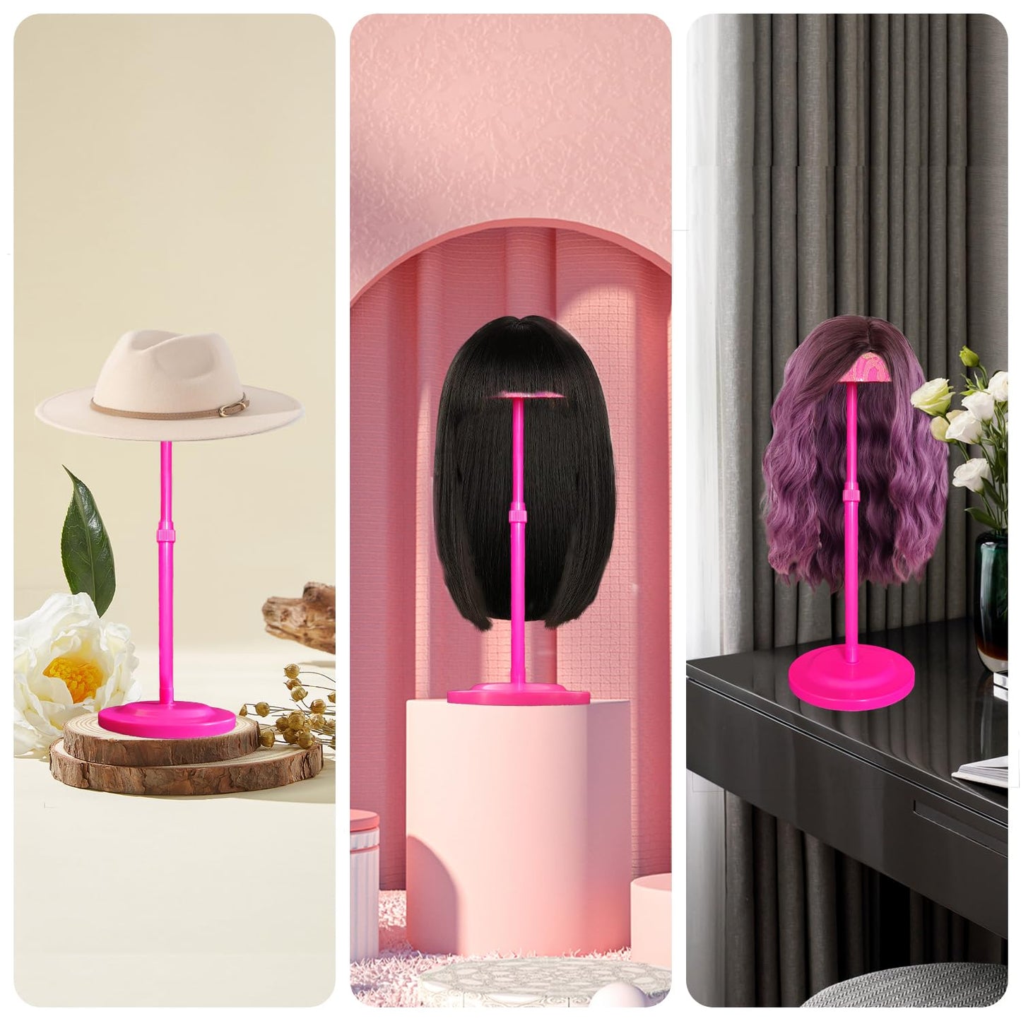 Wig Stand Pink 1PC Adjustable Height Portable Wig Holder Stands Non-Slip Wig Head Holders Sturdy Plastic Wig Head Stand for Multiple Wigs and Hats Styling Drying Display