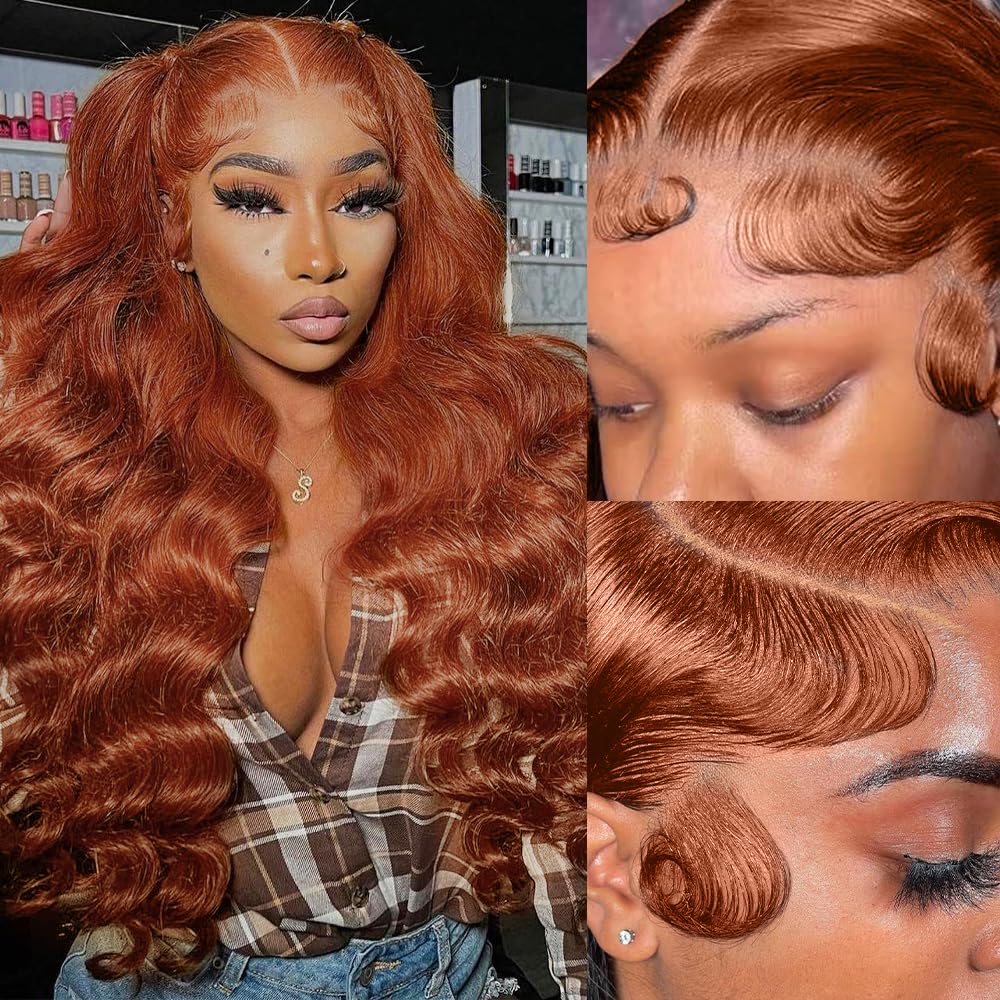 Daphernew 200 Density 13x6 Reddish Brown Lace Front Wigs Human Hair Pre Plucked 13x6 HD Transparent Body Wave Lace Front Wigs With Baby Hair Ginger #33 Colored Human Hair Wig For Women (22 Inch)
