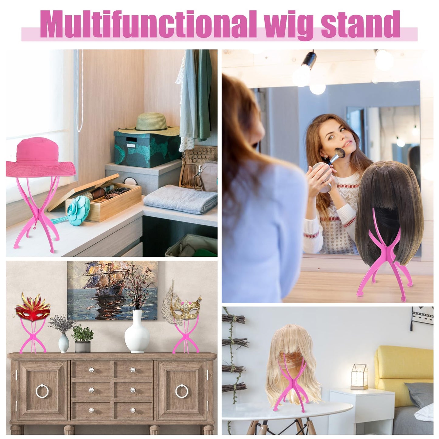 obeoby Wig Stand, Portable Wig Holder Wig Head Stand for All Wigs Travel Wig (pink (2pack))