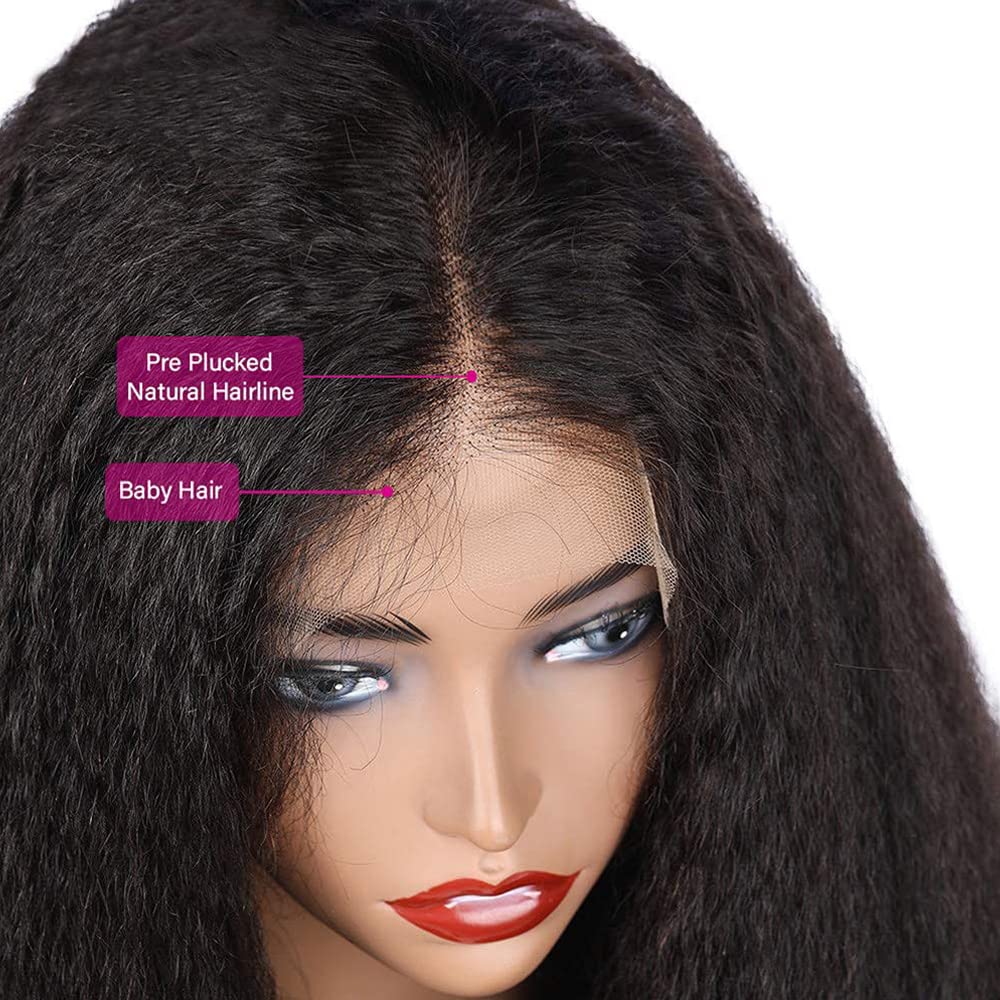 Alidiamond 22 Inch Kinky Straight Human Hair Wigs Yaki Straight Lace Front Human Hair Wigs, 180 Density Brazilian Kinky Straight Wigs for Black Women Natural Color