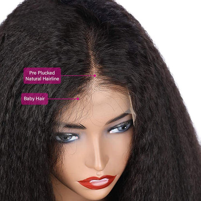 Alidiamond Kinky Straight Wig Yaki Straight Human Hair Wig 24Inch Kinky Straight Human Hair Wig 180 Density Brazilian Lace Front Wig Human Hair Kinky Curly Natural Color