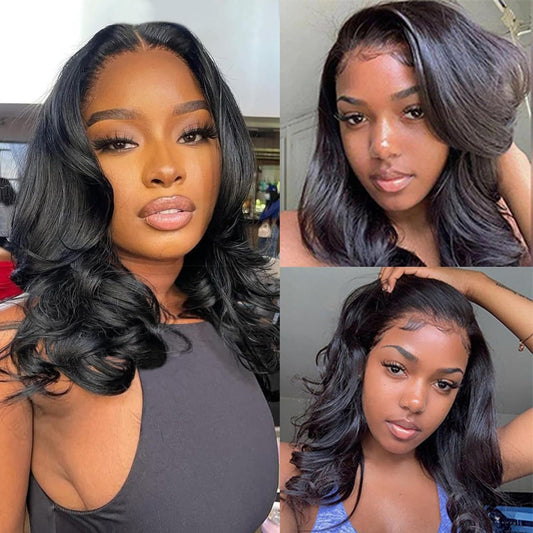 Douyin Bob Wig Human Hair 13x4 Frontal Lace Wig Body Wave HD Lace Front Wigs Human Hair Pre Plucked Glueless Bob Wigs for Women (16 inch, Natural Black)
