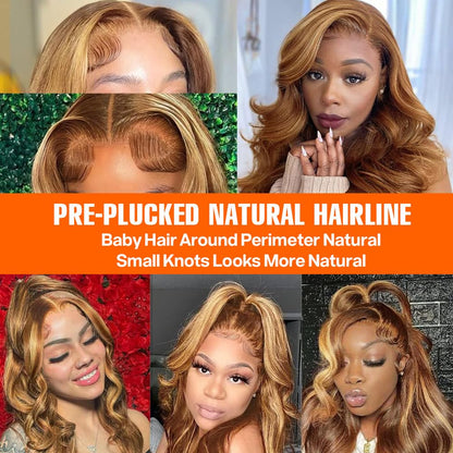 Yamikk 4/27 Highlight Honey Blonde Lace Front Wigs Human Hair Pre Plucked 180 Density 13x5 Ombre Colored Body Wave Hd Lace Frontal Human Hair Wig 22 Inch