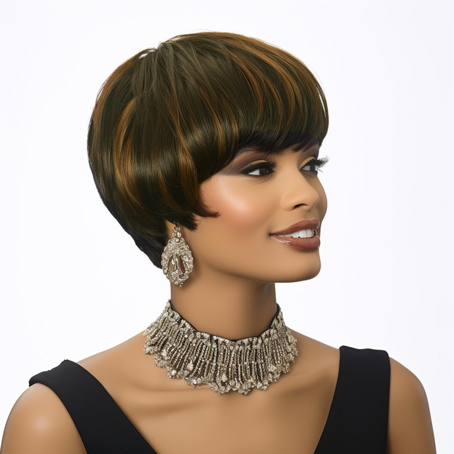 MUJGOO Pixie Wigs Short Wigs for Black Women Brown Short Pixie Cut Wigs for Black Women Layered Wigs with Bangs for Women (Mixing black and brown)