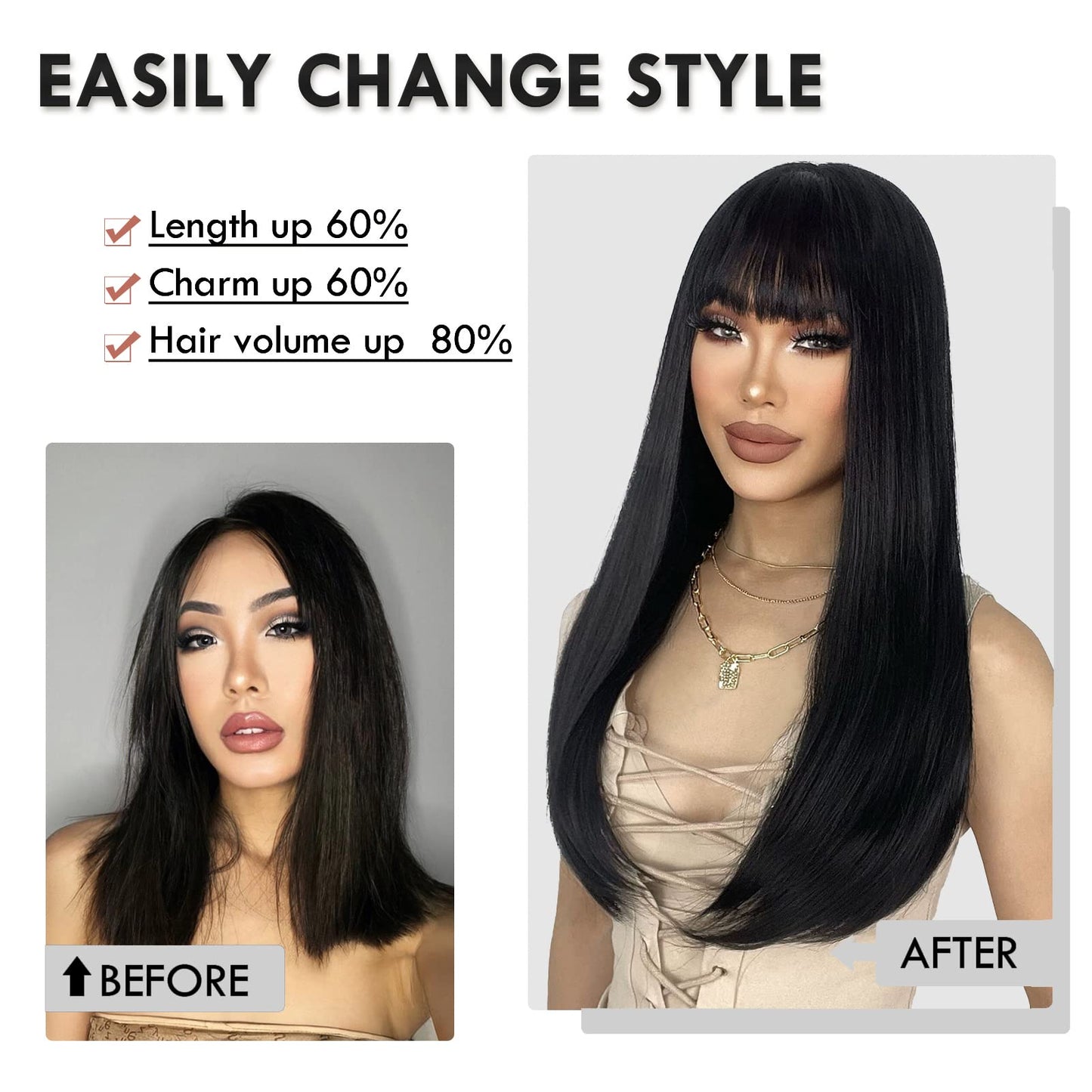 ENTRANCED STYLES Black Wig for Women Long Straight Black Wigs with Bangs Black Hair Wigs Heat Resistant Synthetic Womens Wig for Daily Party Christmas Halloween Use 22 Inch （1B