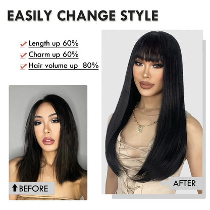 ENTRANCED STYLES Black Wig for Women Long Straight Black Wigs with Bangs Black Hair Wigs Heat Resistant Synthetic Womens Wig for Daily Party Christmas Halloween Use 22 Inch （1B