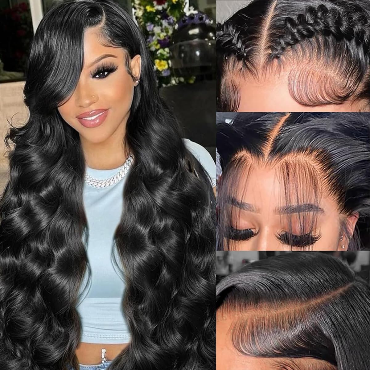 Smabuity 13x6 Body Wave Lace Front Wigs Human Hair HD Transparent Lace Front Wigs Human Hair 180% Density Glueless Frontal Wigs Human Hair for Women Pre Plucked with Baby Hair Natural Black 20 Inch