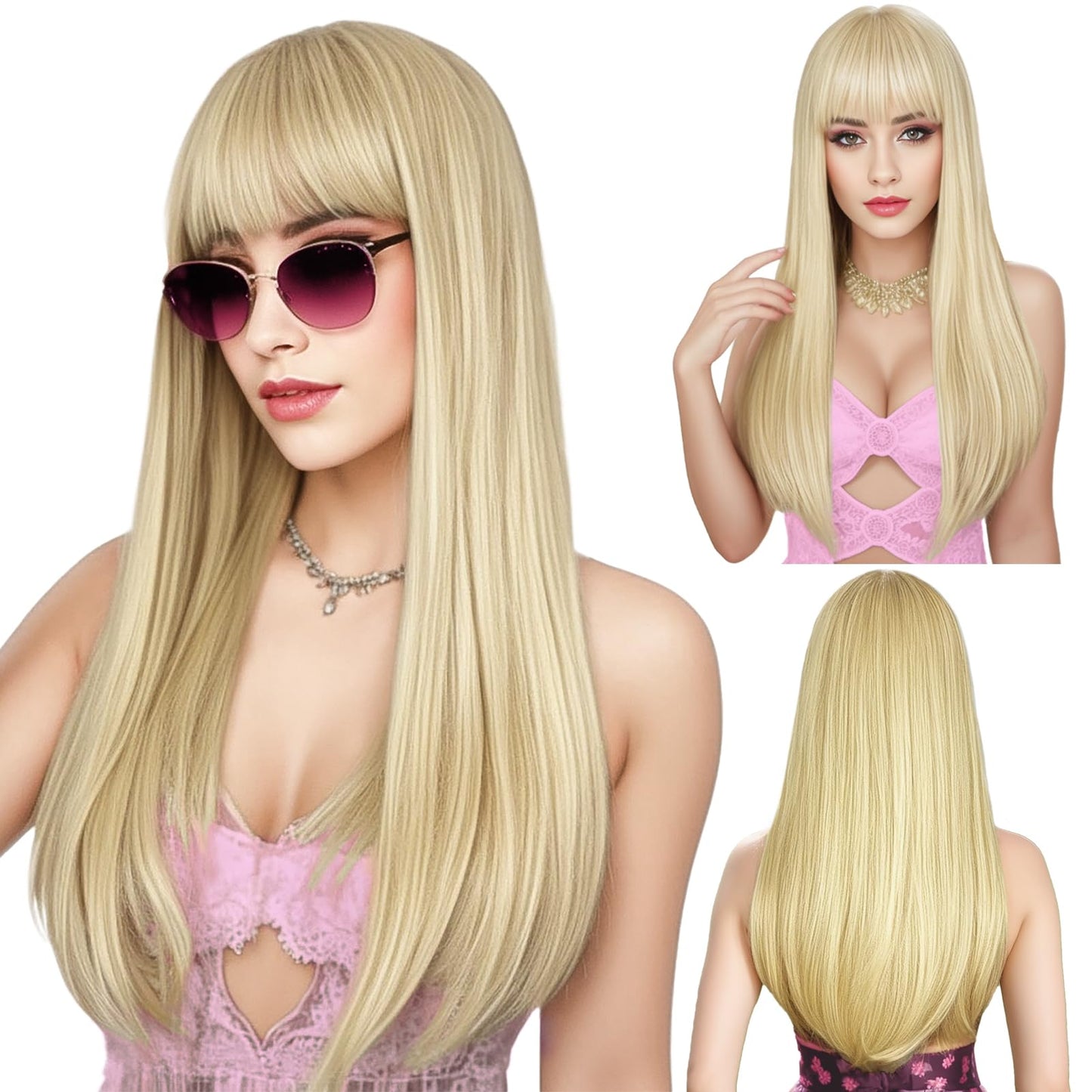 ENTRANCED STYLES Blonde Wig with Bangs, Long Straight Wigs for Women Natural Hair Wigs Synthetic Blond Wigs for Girls Daily Party Halloween Cosplay Wig 22 Inch