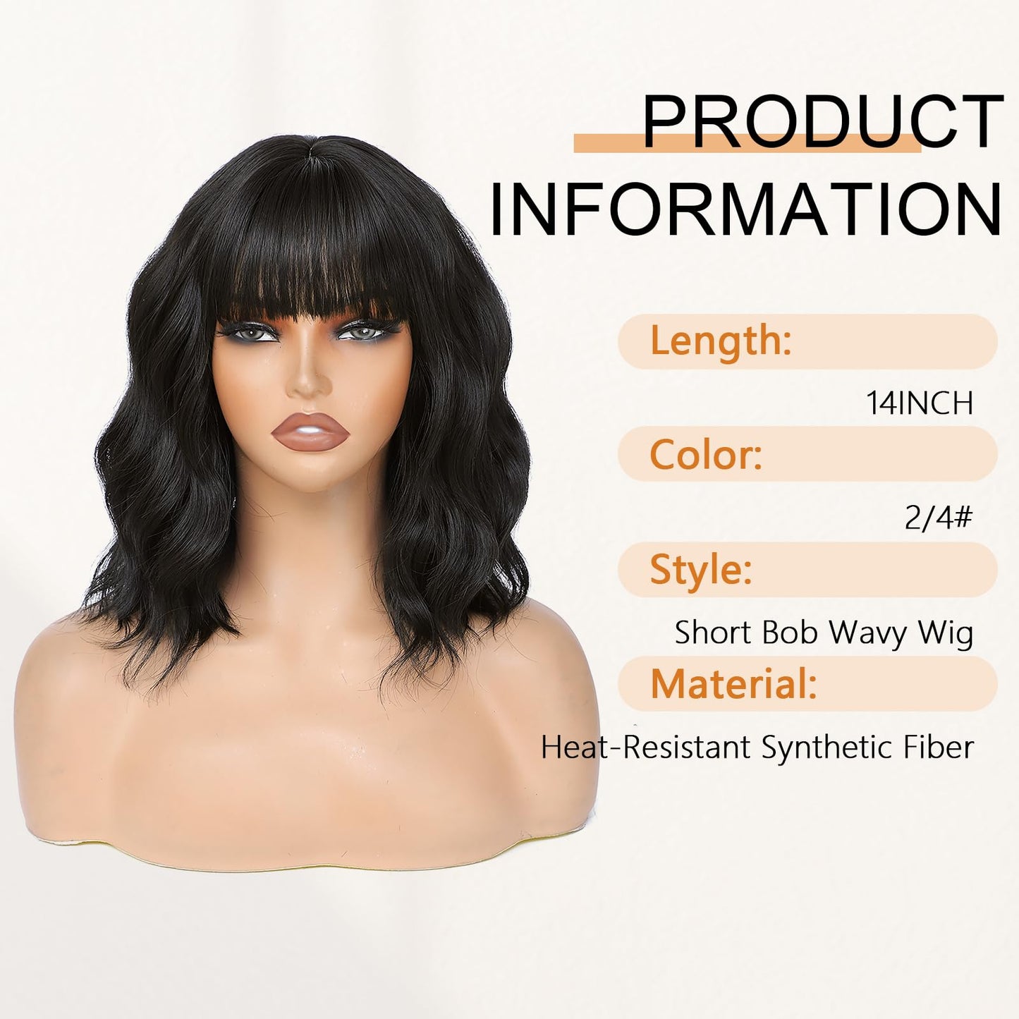 AGO Natural Black Wigs with Bangs Short Bob Wig Shoulder Length Synthetic Hair for Women Girl Loose Wavy Wig Heat Resistant Fiber Hair for Daily Party Halloween Cosplay Use(2/4#Black)