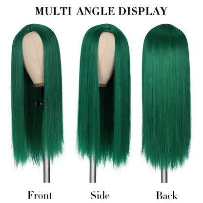 WIGER Green Wig Long Straight Hair Wigs Middle Part Natural Heat Resistant Synthetic Fiber Party Cosplay Costume Full Wigs for Women Girls