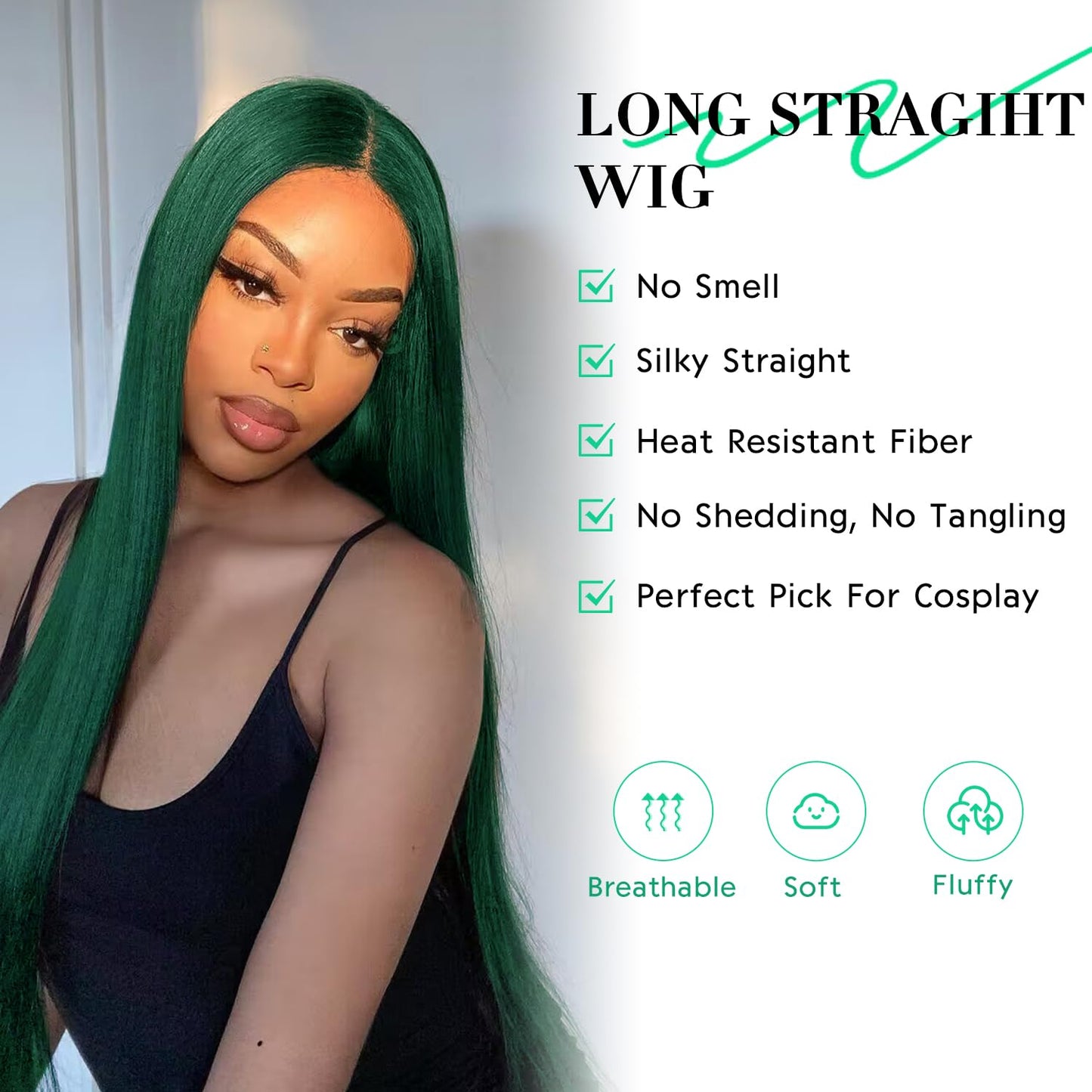 WIGER Green Wig Long Straight Hair Wigs Middle Part Natural Heat Resistant Synthetic Fiber Party Cosplay Costume Full Wigs for Women Girls
