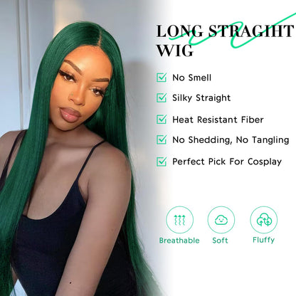 WIGER Green Wig Long Straight Hair Wigs Middle Part Natural Heat Resistant Synthetic Fiber Party Cosplay Costume Full Wigs for Women Girls