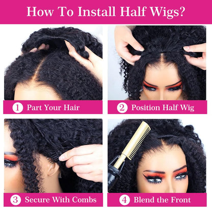 Legendhair Wear & Go Glueless Wigs Human Hair Afro Kinky Curly Human Hair Half Wigs for Black Women Seamless Kinky Curly Bob Pixie Cut Wig Drawstring Full Head Clip in Half Wig 200% Density 12 Inch