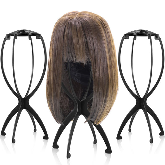 obeoby Wig Stand, Portable Wig Holder Wig Head Stand for All Wigs Travel Wig (black(3pack))