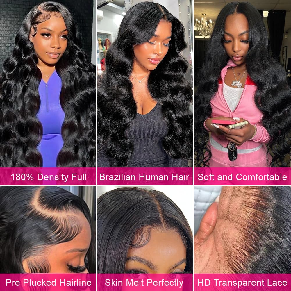 Wingirl 13x6 Body Wave Lace Front Wigs Human Hair Pre Plucked 180 Density HD Transparent Full Lace Frontal Wigs Human Hair for Women with Baby Hair Natural Black Color 18Inch