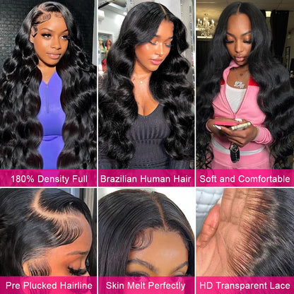 Wingirl 13x6 Body Wave Lace Front Wigs Human Hair Pre Plucked 180 Density HD Transparent Full Lace Frontal Wigs Human Hair for Women with Baby Hair Natural Black Color 18Inch