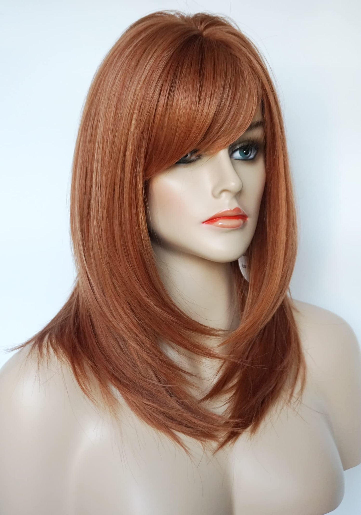 Women's Brown Red Shoulder Length Layered Wig with Bangs - Synthetic Medium Length Wig for White Women (Copper Red)
