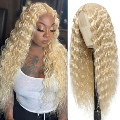 28" Synthetic Curly Wig Honey Blonde Lace Front Wigs for Women Long Deep Wave Lace Wigs Natural Crimps Curls 4" Fake Scalp,15/613#