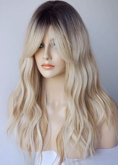 Long Blonde Wig for Women Wolf Tail cut wig Synthetic Hair Blonde Ombre with white Highlight Wigs for White Women (Blonde Highlight)