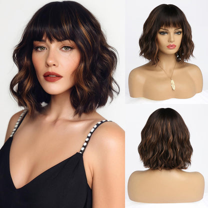 EssionTech Short Dark Brown Wig with Highlight Wigs for Women Brown Mixed Gold Wig Highlights with Bangs Medium Length Synthetic Hair Wavy Bob Wig Colorful Wigs（14 Inches）