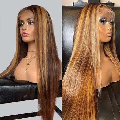 Healthair Ombre Lace Front Wigs Human hair Highlight 4/27 Honey Blonde Lace Front Wig 180% Density Straight Human Hair Wig 13x4 HD Transparent Lace Wigs for Black Women (4/27, 20inch)