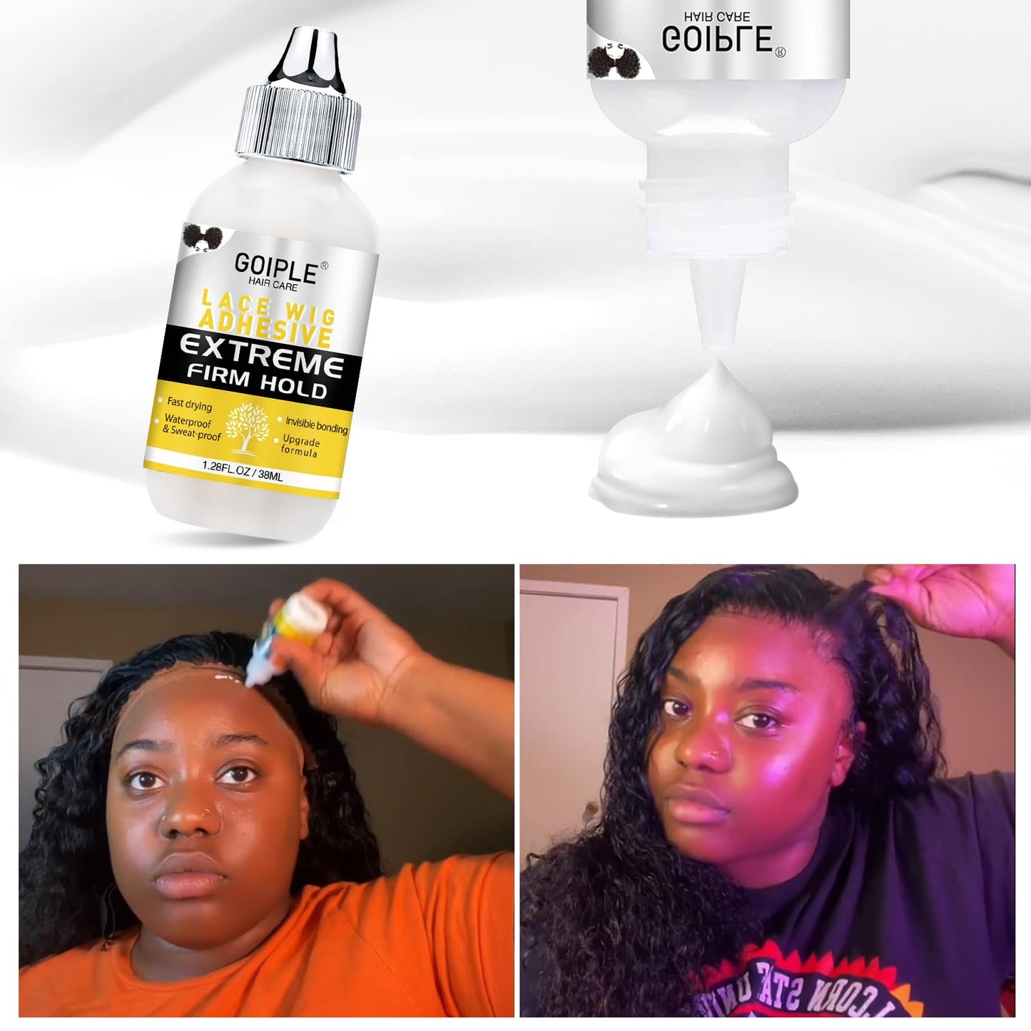 Wig Glue 1.28OZ, Waterproof Lace Front Adhsive for Wigs with Tools and Hair Wax Stick (Lace Adhesive/Wig Glue Remover/Wax Stick/Edge Control Wax/Elastic Band/Hair Dual Drush/Wigs Caps)