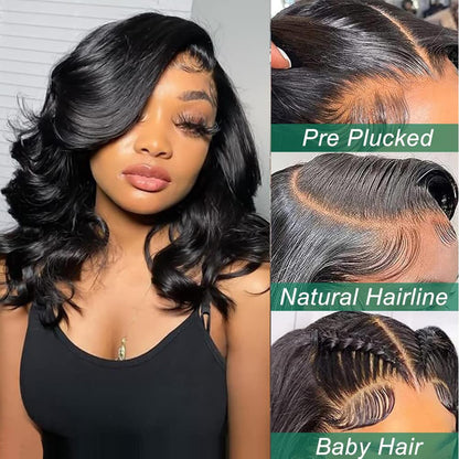 Douyin Bob Wig Human Hair 13x4 Frontal Lace Wig Body Wave HD Lace Front Wigs Human Hair Pre Plucked Glueless Bob Wigs for Women (16 inch, Natural Black)