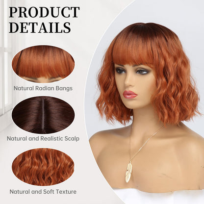 EssionTech Short Copper Red Wigs for Women Fox Red Wig Ombre Red Dark Root Culy Bob Wigs with Bangs Ginger Hair Wig Wavy Synthetic Wigs(12Inches)
