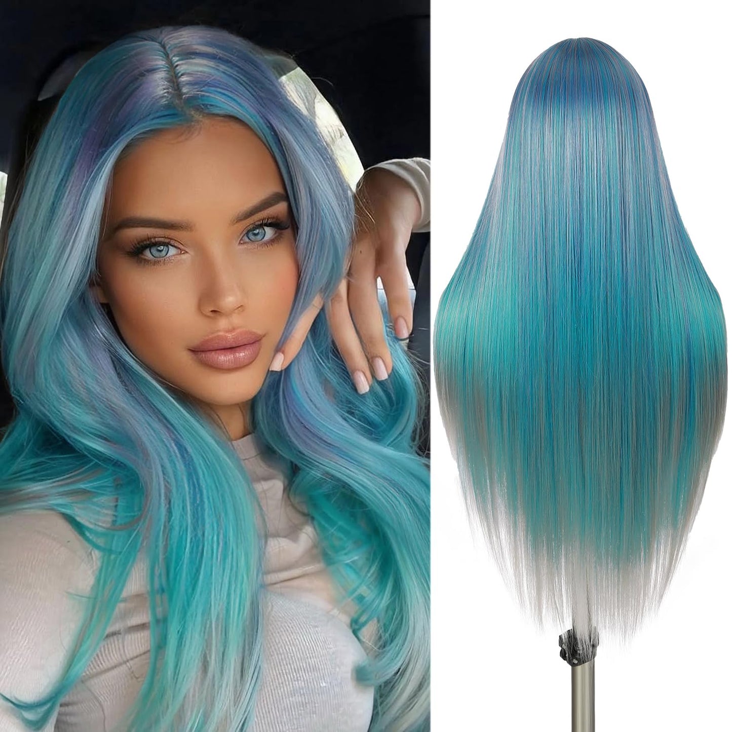 WIGER 28 Inches Long Straight Rainbow Wigs Bluish Green Layered Hair Middle Part Piano Color Wigs Synthetic Mermaid Wig Heat Resistant Costumes Wig for Daily or Party