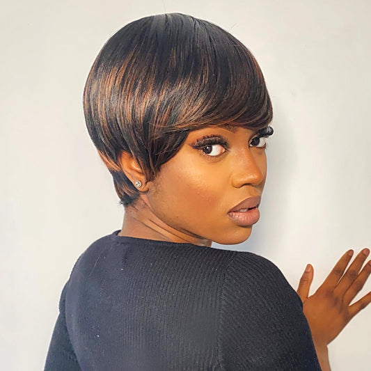 ToyoTress Short Pixie Cut Wigs - 4 Inch Black Mix Brown Short Layered Wig For Black Women, Light Yaki Straight Daily Costume Synthetic Hair Wigs Heat Resistant (4 Inch, SP1B/30)