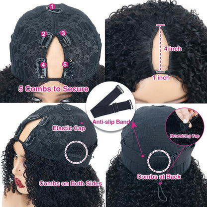 Legendhair Glueless V Part Wigs Human Hair Afro Kinky Curly Upgrade U Part Human Hair Wigs for Black Women Kinky Curly Bob Pixie Cut Wig Full Head Clip In Half Wig No Leave Out 200% Density 10 Inch