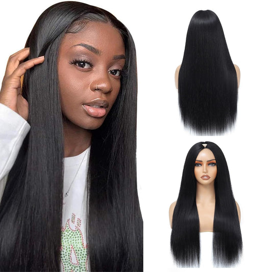 V Part Wig Human Hair Straight Human Hair Wigs Upgrade U Part Human Hair Wig for Women No Leave Out No Sew In 200% Density Natural Color 18 Inch