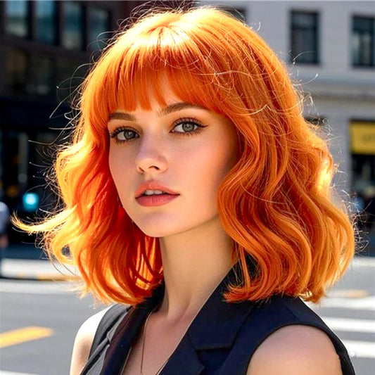 AGO Orange Wig with Bangs Ginger Wigs Short Wavy Hair for Women Colorful Costume Wig Heat Resistant Fiber Wigs for Daily Party Halloween Cosplay Use(TF2202#Orange)