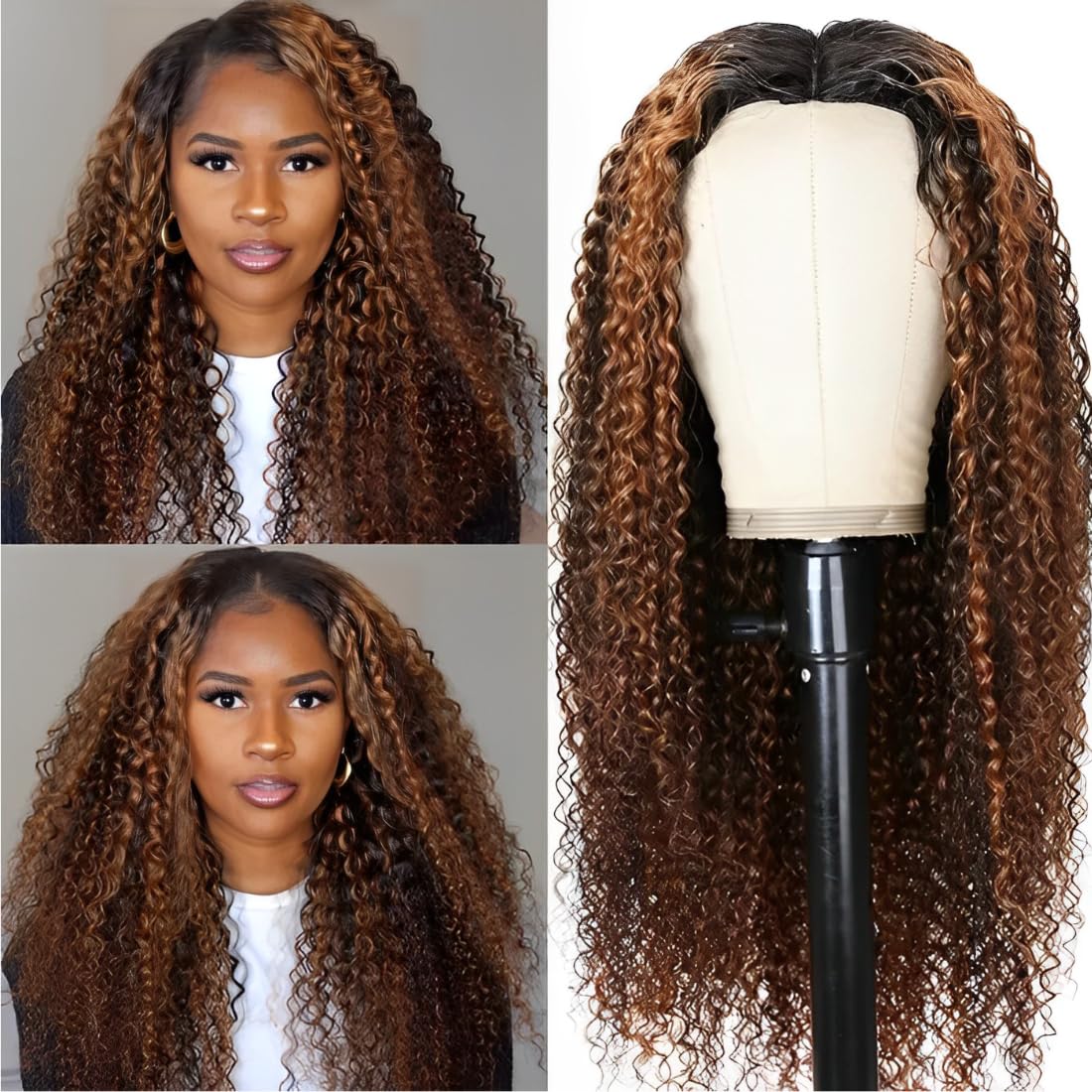 UNICE Curly V Part Wigs Human Hair Balayage Brown Highlight Clip in Upgrade U Part Wig No Leave Out Wear Go Glueless Human Hair Wig Beginner Friendly 18 inch
