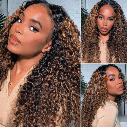 UNICE Curly V Part Wigs Human Hair Balayage Brown Highlight Clip in Upgrade U Part Wig No Leave Out Wear Go Glueless Human Hair Wig Beginner Friendly 18 inch