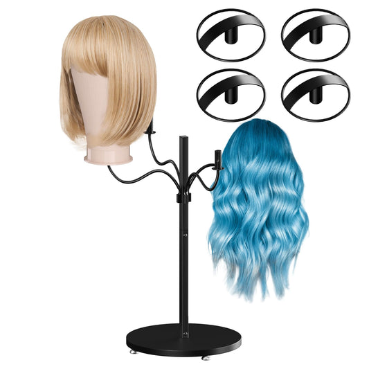 Lhysn Wig Stands - Multiple Wig Hanger Display Rack, Holder, Storage Organizer for Mannequin Head Metal Rack Stand (Black with 4 Holders)