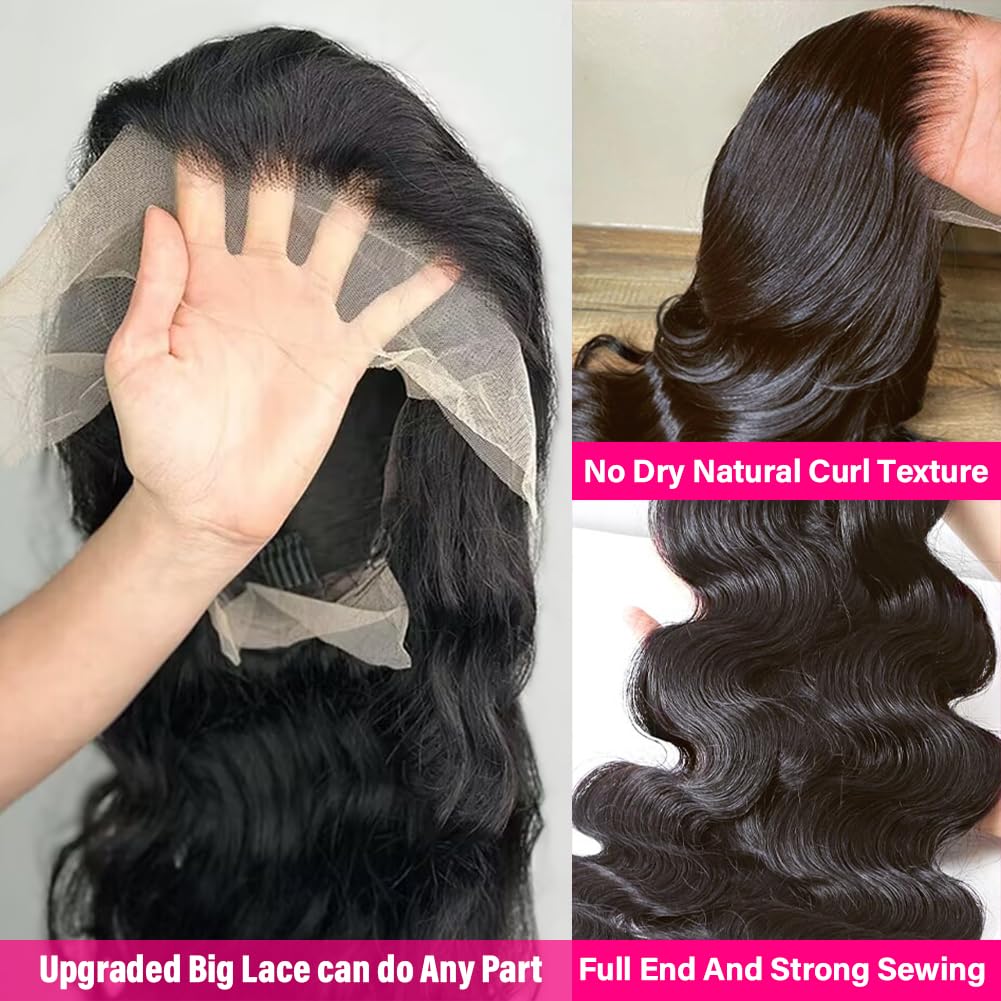 Wingirl 30 Inch Lace Front Wigs Human Hair 13x5 220 Density HD Transparent Lace Frontal Wig with Baby Hair 12A Glueless Body Wave Human Hair Wigs for Women Black Color